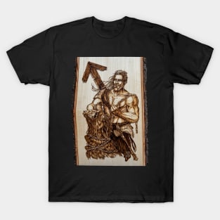 Tyr - nordic god pyrography print, wood texture T-Shirt